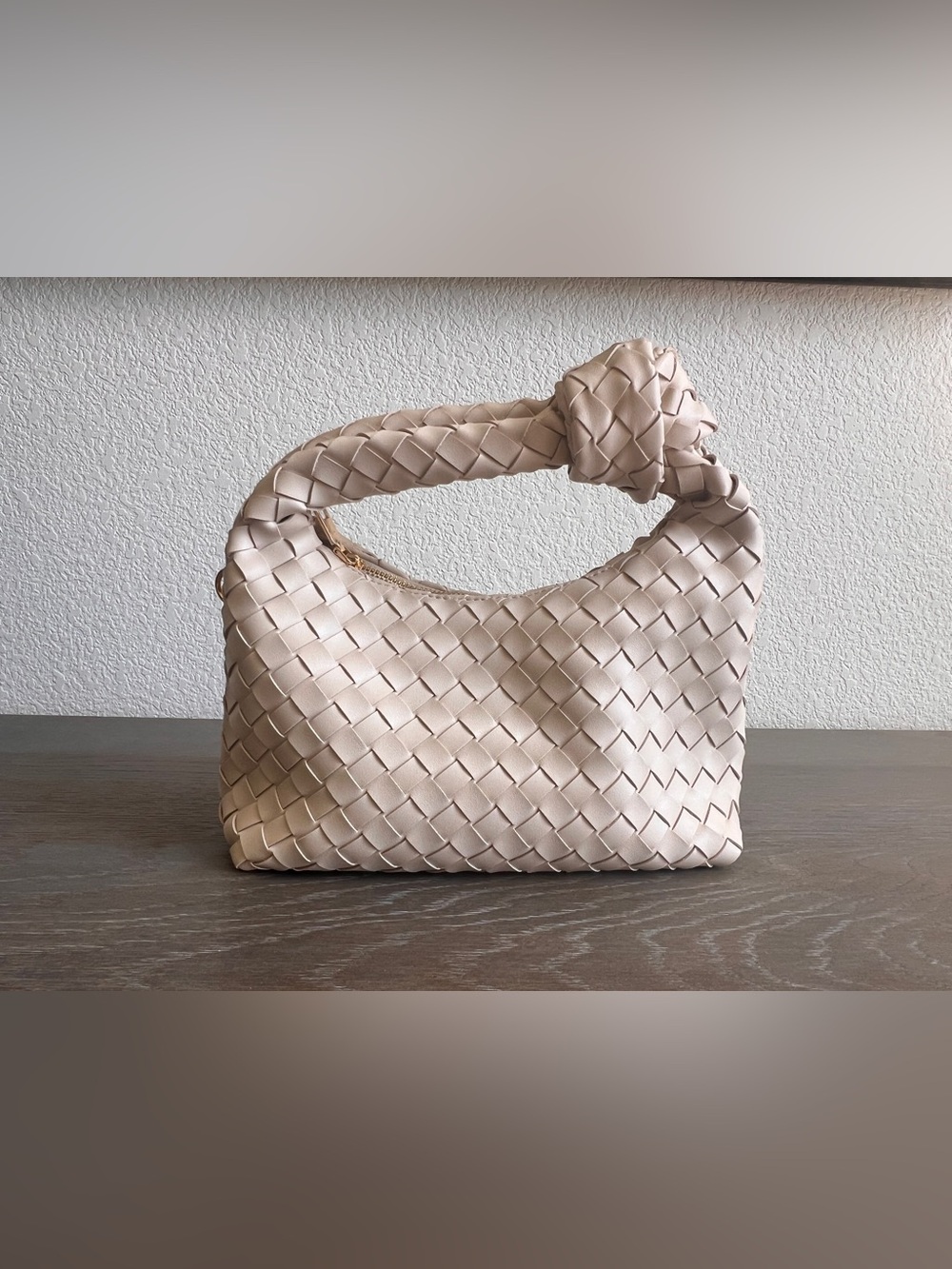 Woven Knot-Handle Shoulder Bag in Light Beige